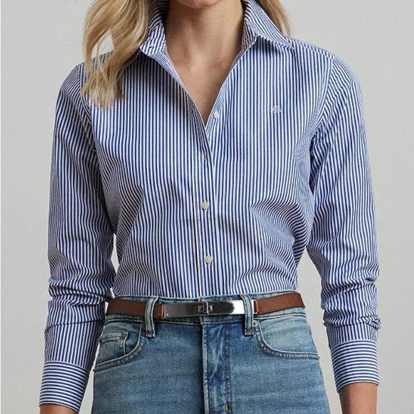 Ralph Lauren Tops - Ralph Lauren Blue and White Striped Easy Care 100% Cotton Women’s Shirt